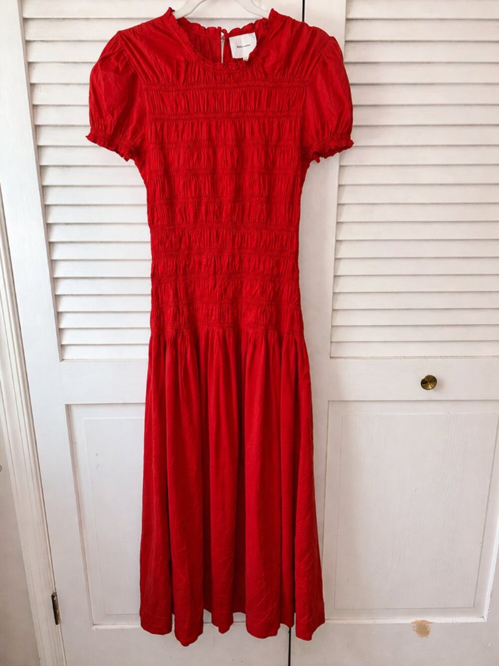 Reformation Kiria Smocked Midi Dress Red Puff Sleeve Lined Romantic Size 12 - Picture 4 of 9